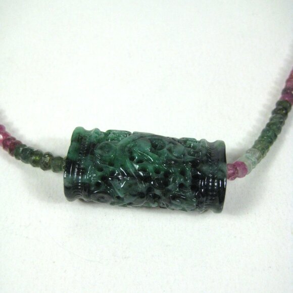 Tourmaline Faceted Bead Necklace Carved Jade Pendant Sterling Silver Clasp 18 In - Picture 2 of 13